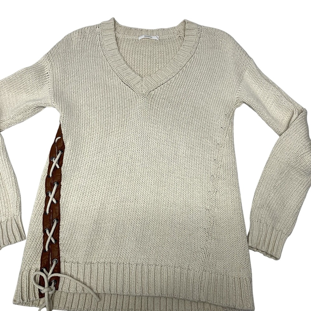 Bailey 44 Sweater Woman Small‎ V Neck Thick Cotton Leather Side Lace Up Neutral